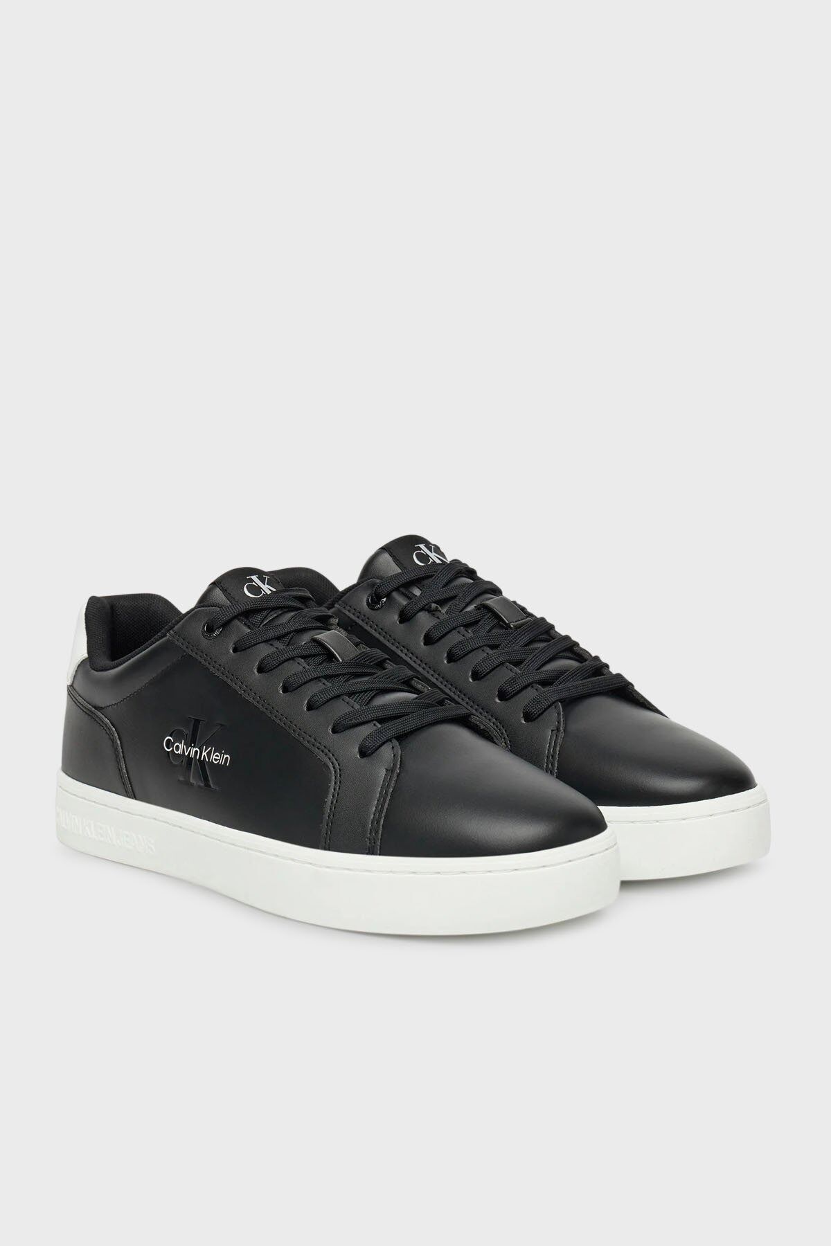 Erkek Deri Bağlamalı Düz Taban Yuvarlak Burun Ck Desenli Siyah Sneaker YM0YM01369-0GM Siyah - 45